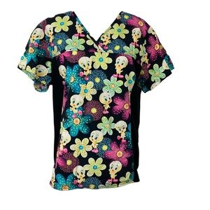 Looney Tunes Tweety Bird Flowers Black Scrub Top L